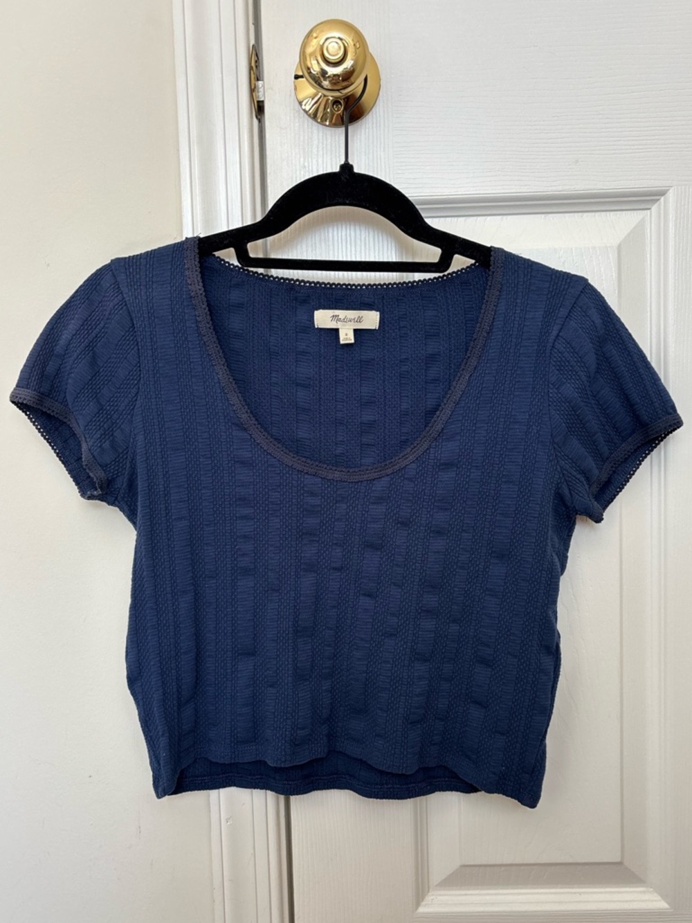 Madewell Cotton Blend Pointelle Scoop Neck Crop Tee with Lace Detailing